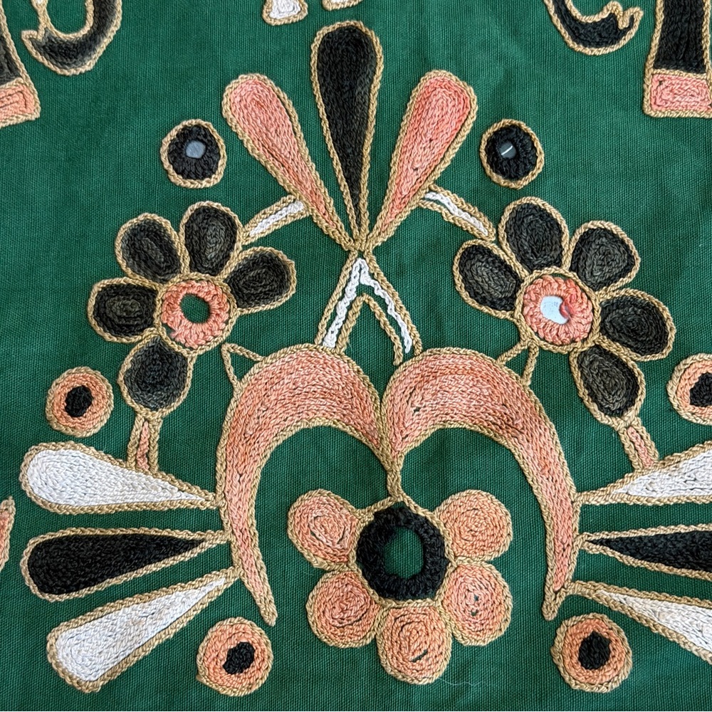 Kutchi Indian Embroidered Wall Hanging‎ w/Mirrors Vintage Elephant Horses Green - Picture 8 of 13